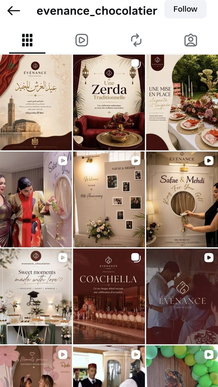 Grille du compte Instagram evenance_chocolatier : publications harmonisées aux couleurs de la marque, visuels d'événements et vidéos.