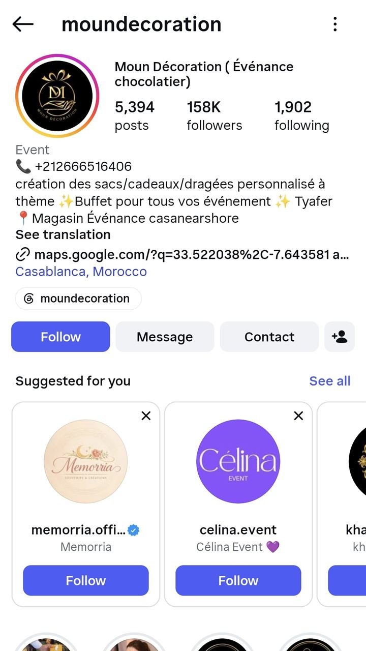 Profil Instagram de Moun Décoration : 5 394 publications, 158 000 abonnés, biographie structurée et stories à la une organisées.