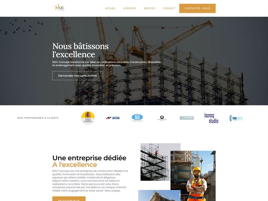 Page d'accueil du site NGC Concept : hero sur un chantier « Nous bâtissons l'excellence », logos de partenaires et présentation de l'entreprise.