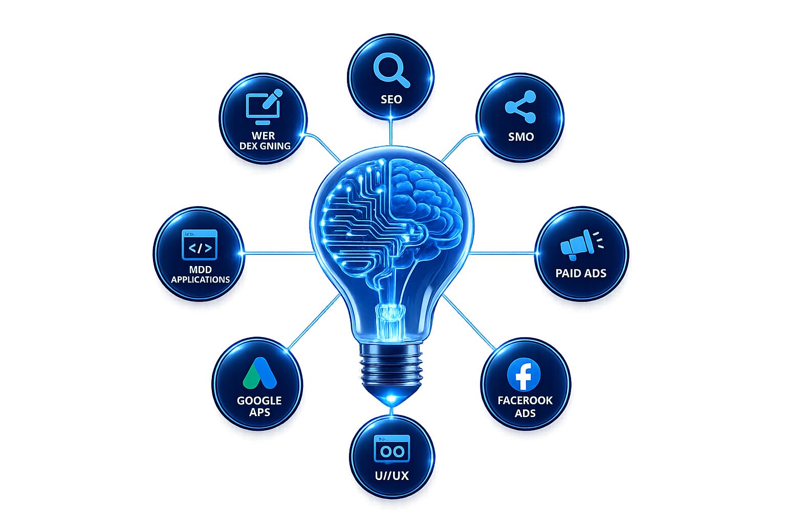 Le cerveau numérique de NAYT PROD connecté à tous ses pôles : SEO, réseaux sociaux, publicité, Facebook Ads, UX/UI, Google Ads, applications et web design